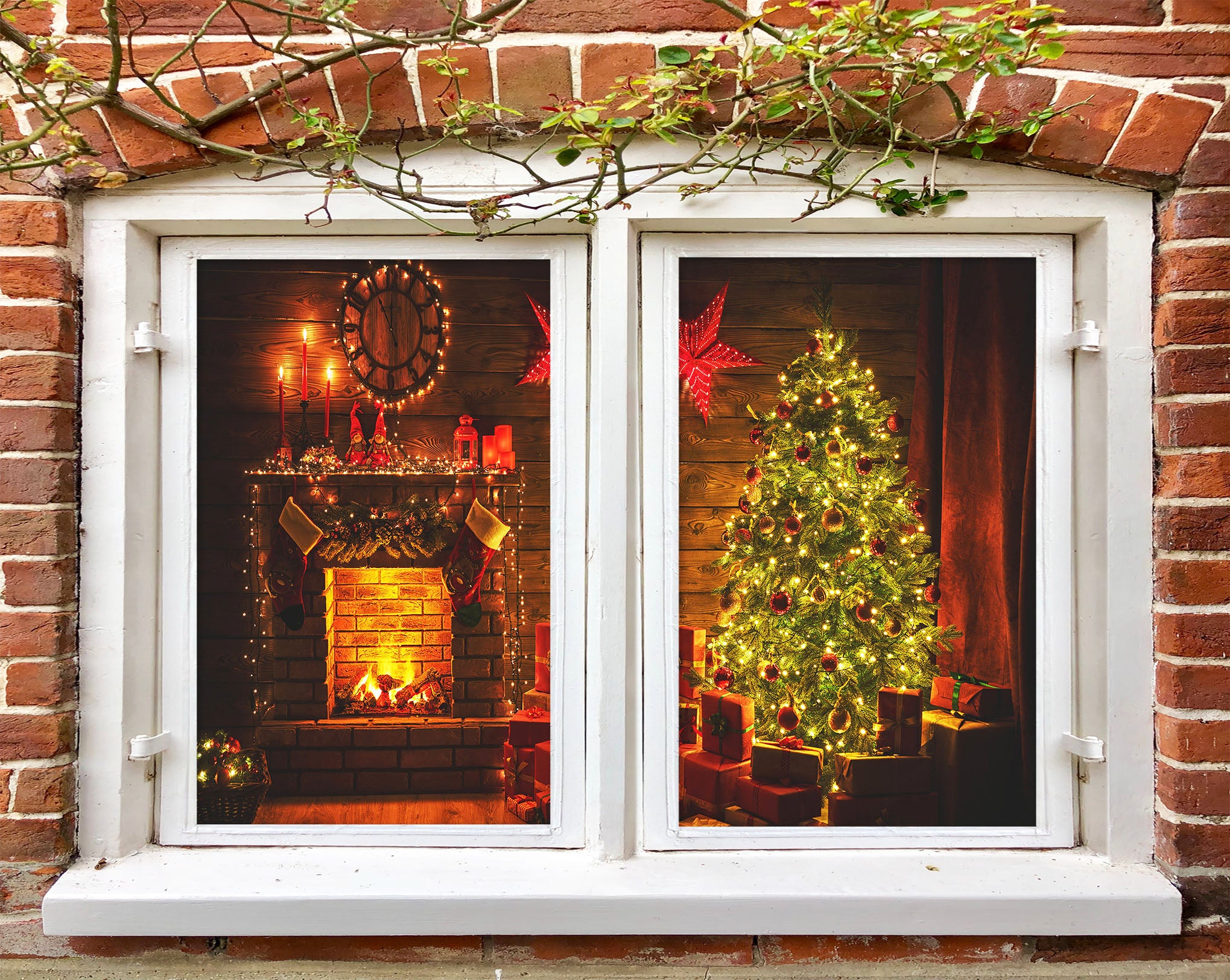 3D Fireplace Tree 1021 Christmas Window Film Print Sticker Cling Stained Glass Xmas