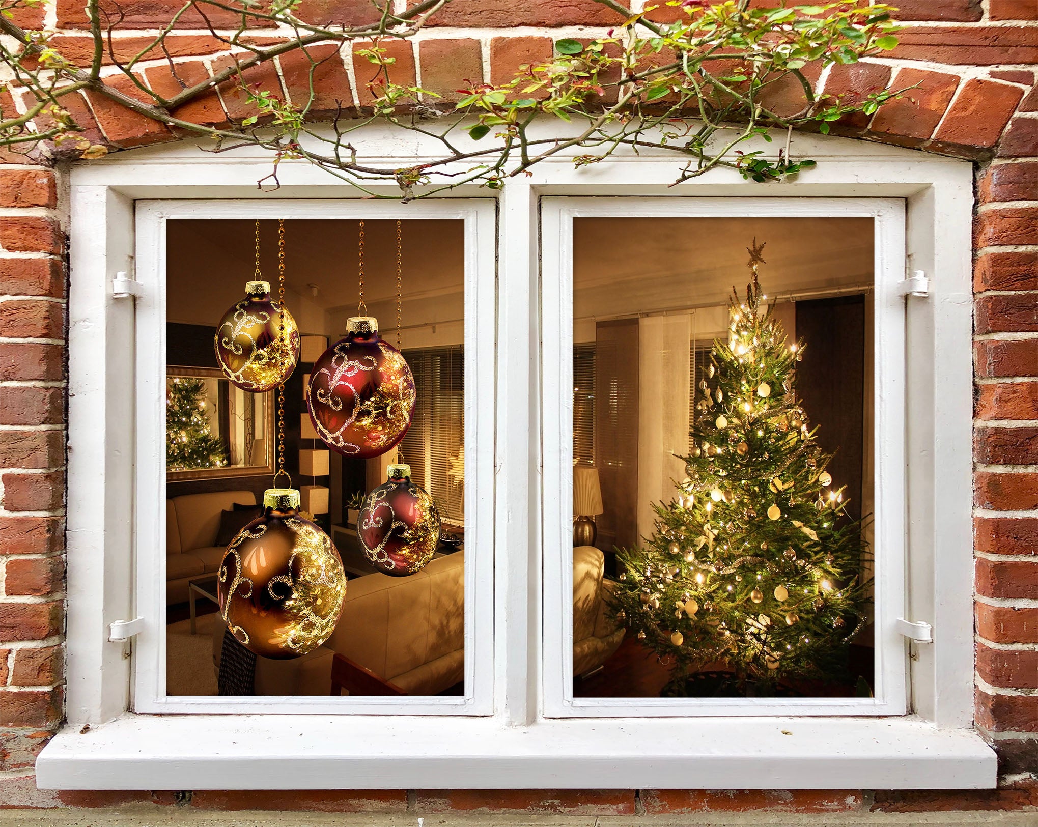 3D Red Ball Tree 1001 Christmas Window Film Print Sticker Cling Stained Glass Xmas