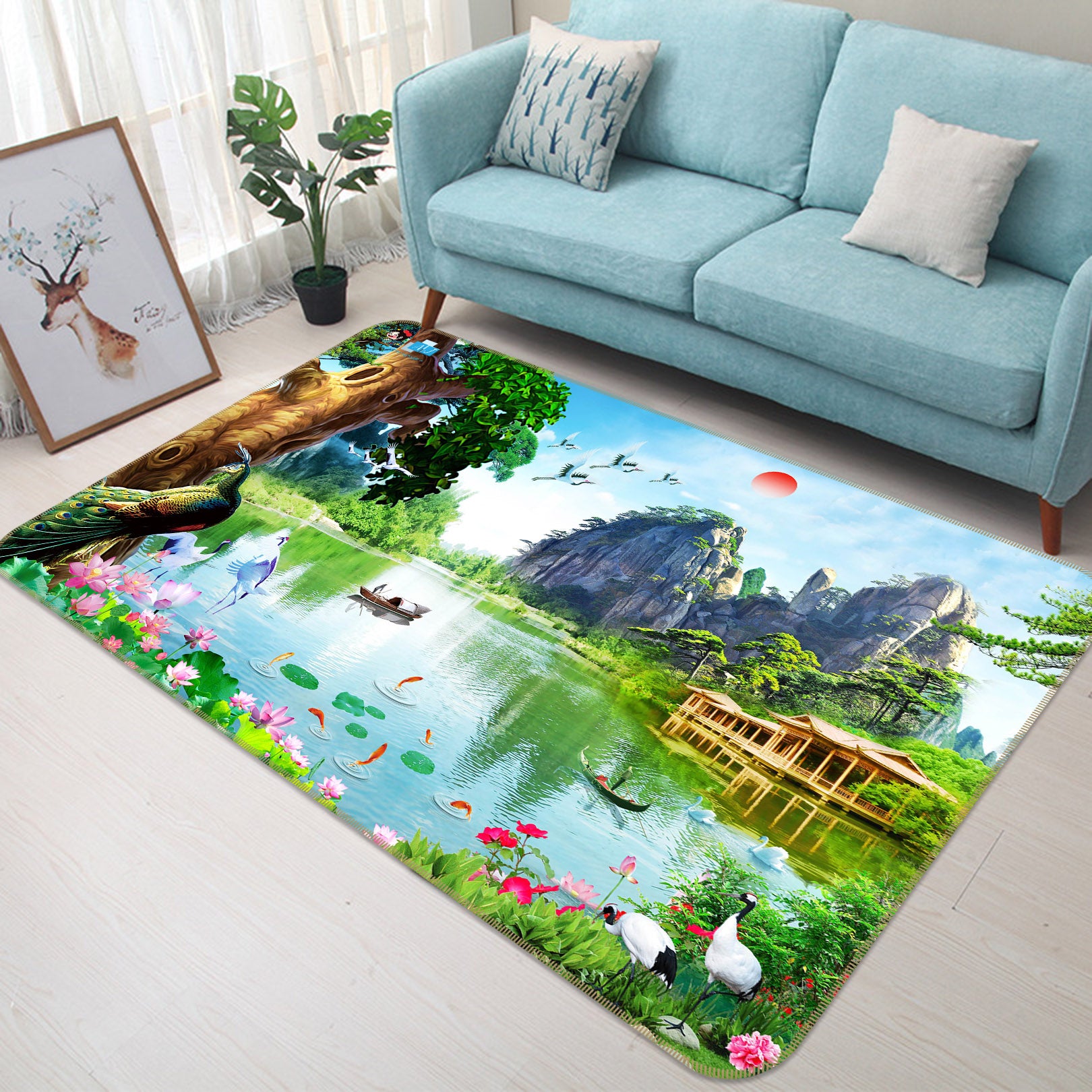 3D Peacock Lotus 3049 Rug Non Slip Rug Mat