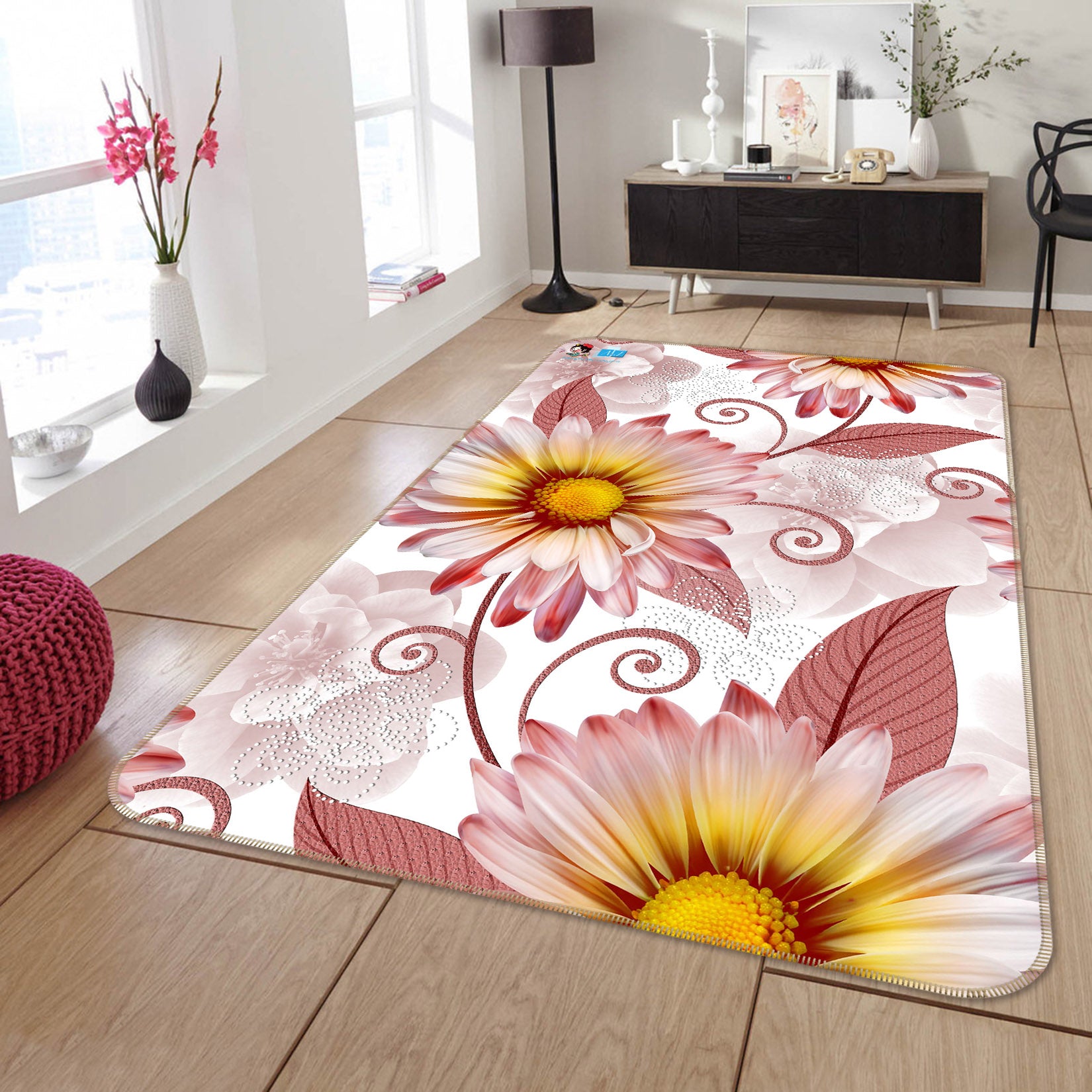 3D Pink Flower 3090 Rug Non Slip Rug Mat