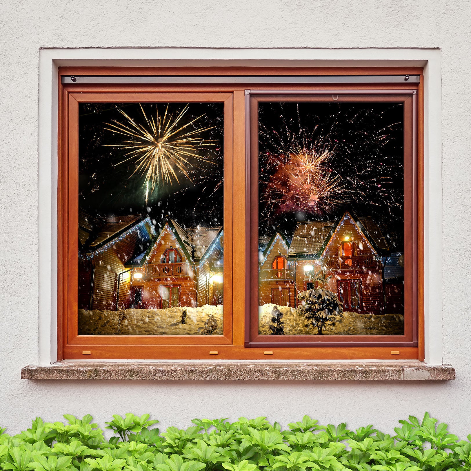 3D House Fireworks 1002 Christmas Window Film Print Sticker Cling Stained Glass Xmas