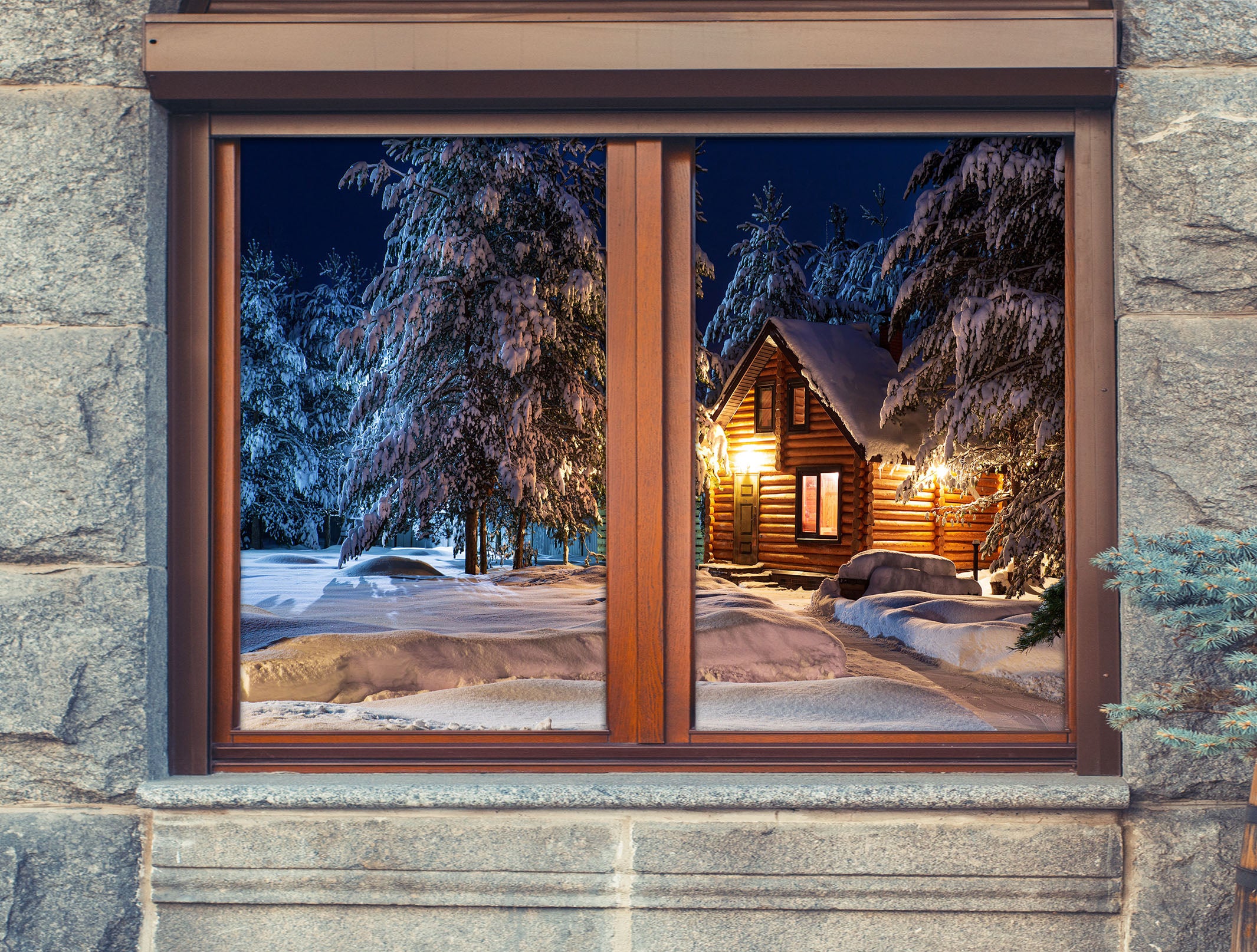 3D Night House 1042 Christmas Window Film Print Sticker Cling Stained Glass Xmas