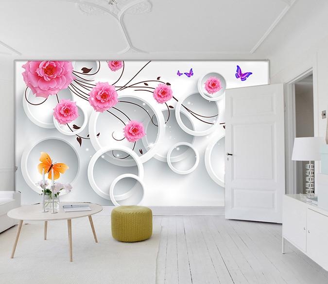 3D Circular Ring And Flowers And Butterfly Wallpaper AJ Wallpaper 1