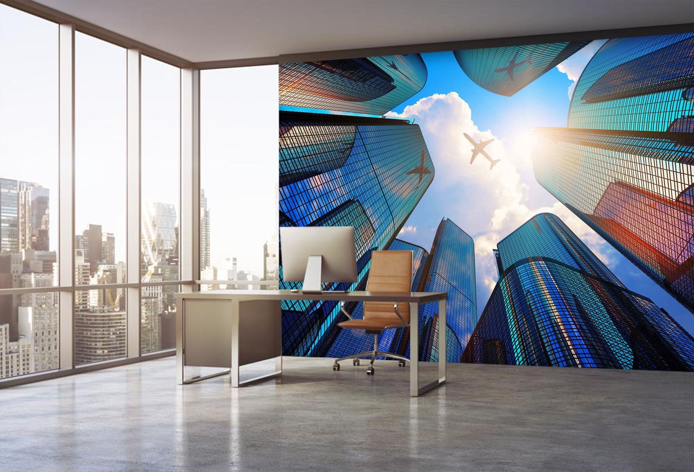 3D colorful city buildings with airplane 18 Wall Murals Wallpaper AJ Wallpaper