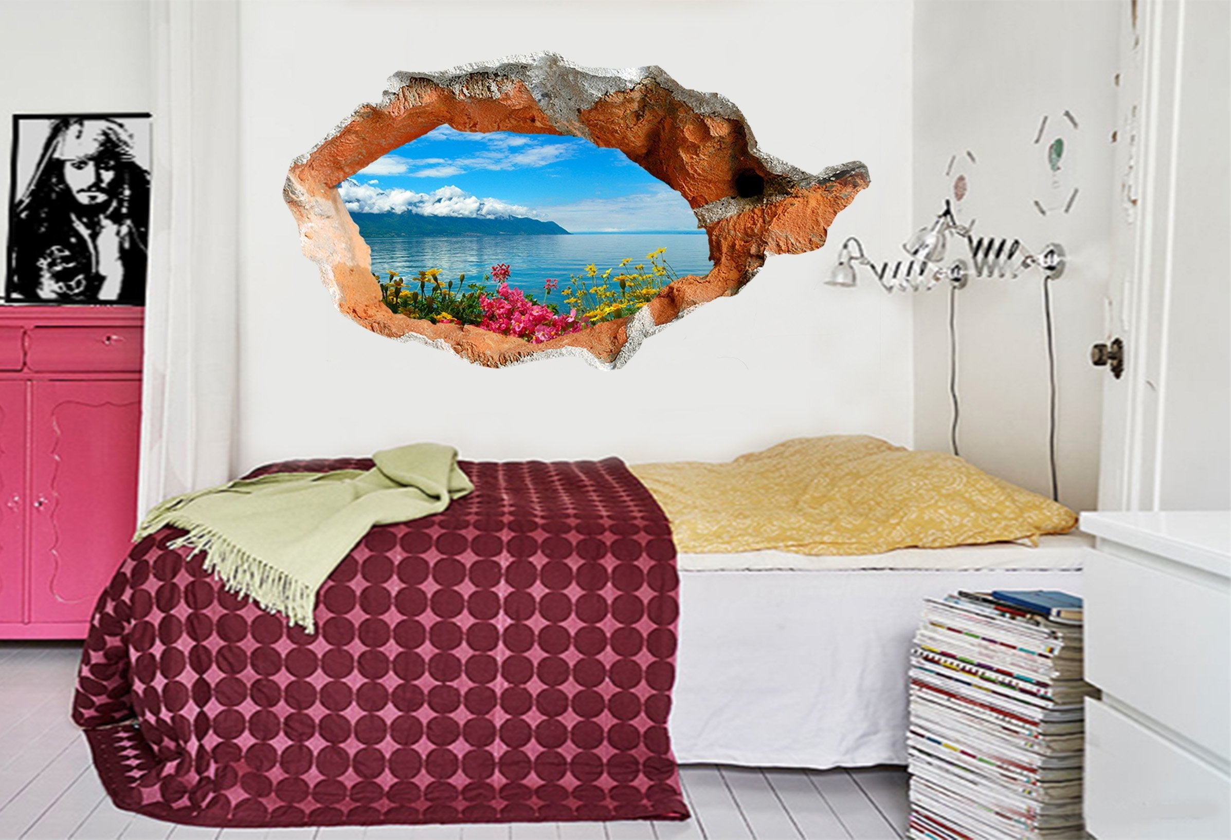 3D Blue Lake Flowers 377 Broken Wall Murals Wallpaper AJ Wallpaper