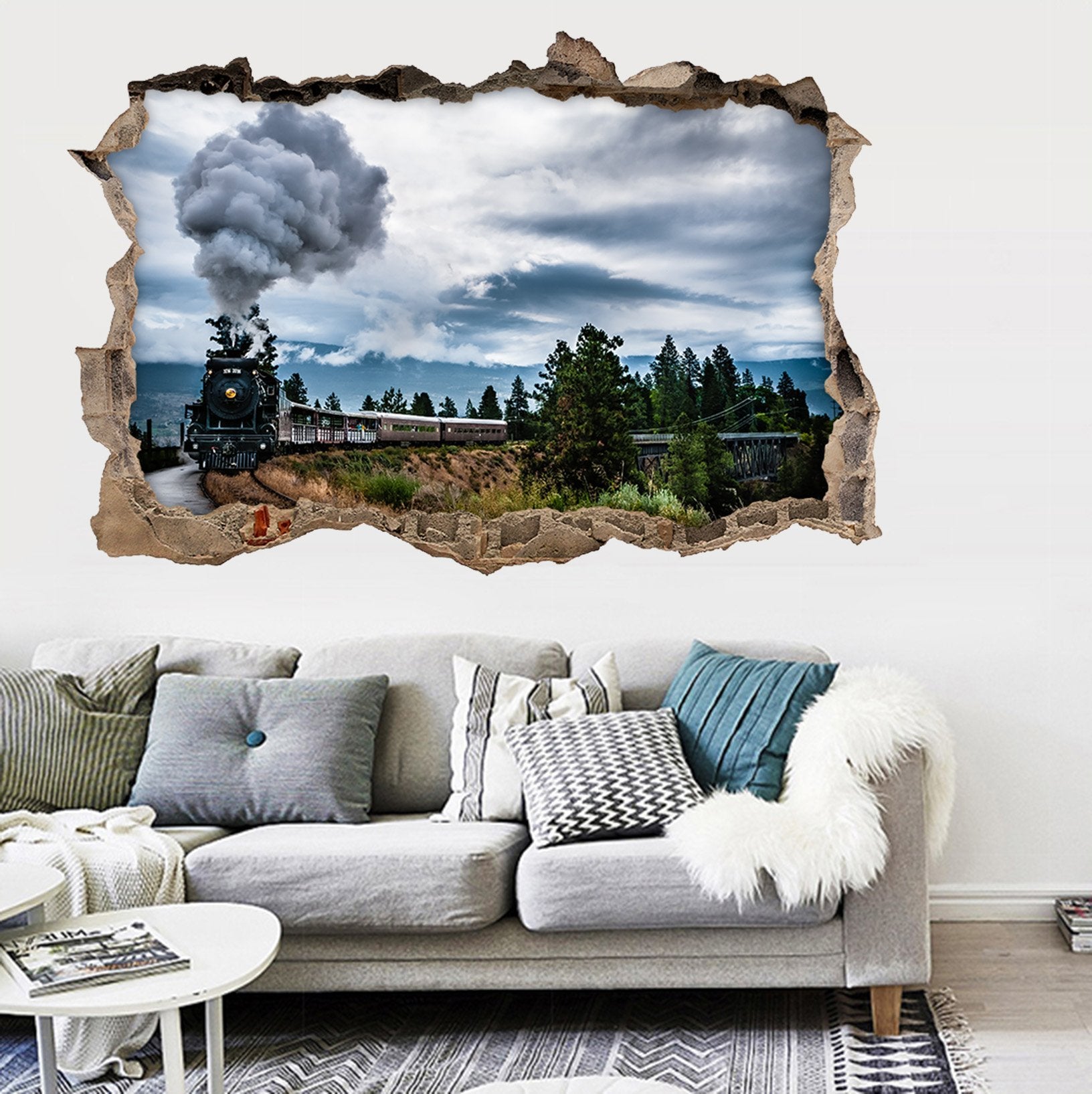 3D Smoky Train 003 Broken Wall Murals Wallpaper AJ Wallpaper