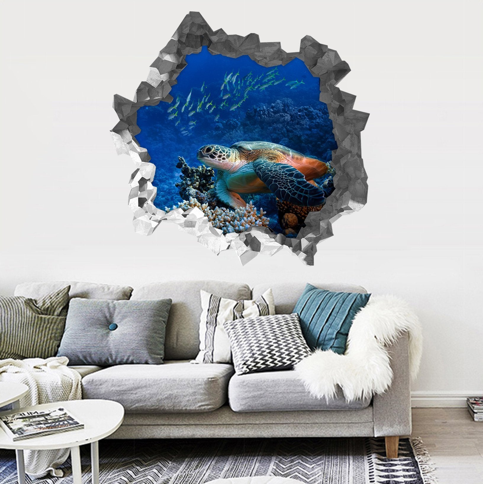 3D Ocean Turtle Fishes 197 Broken Wall Murals Wallpaper AJ Wallpaper