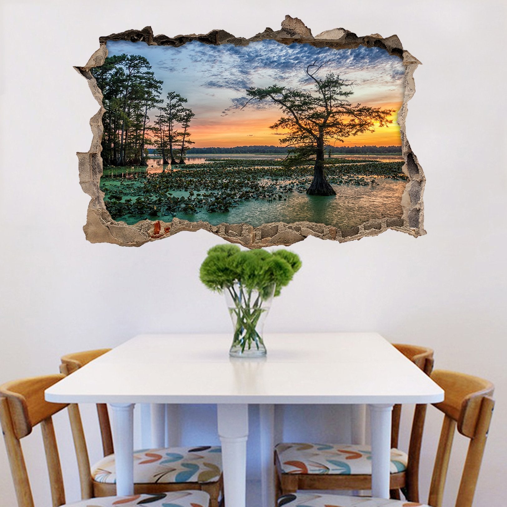 3D Lake Sunset Scenery 016 Broken Wall Murals Wallpaper AJ Wallpaper