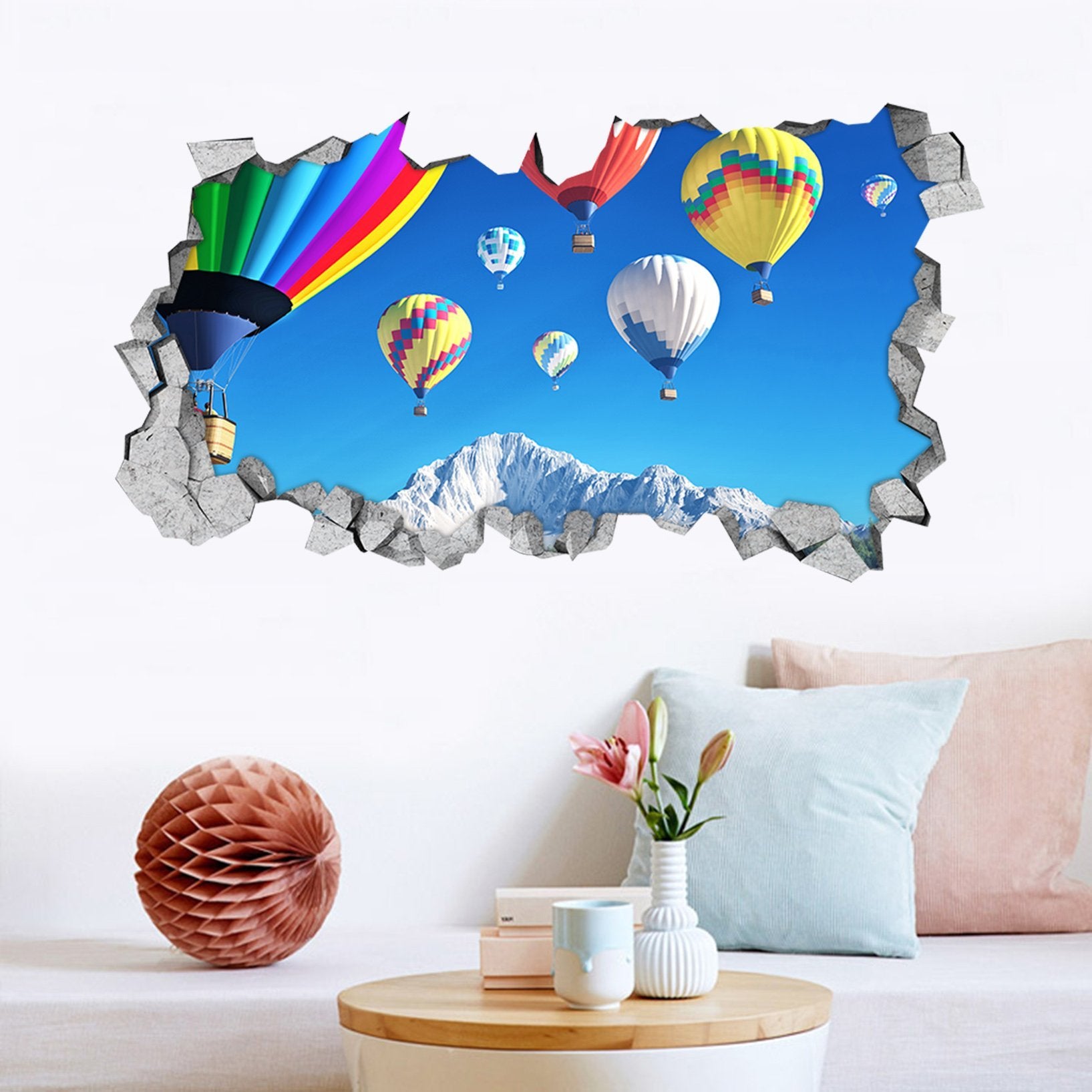 3D Blue Sky Flying Balloons 1 Broken Wall Murals Wallpaper AJ Wallpaper