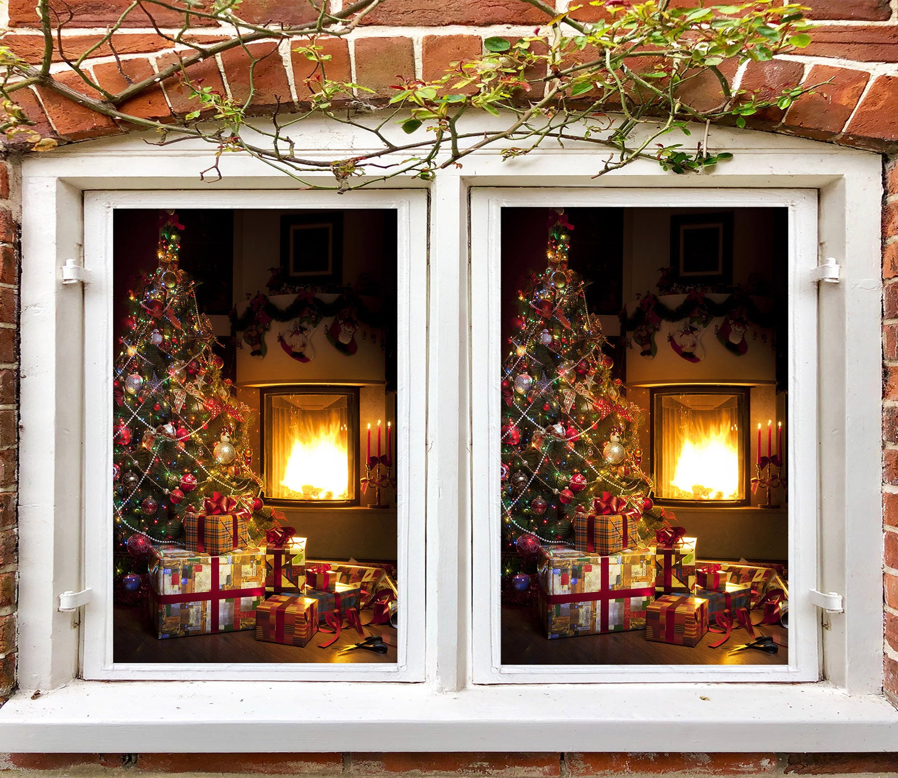 3D Tree Gift Fireplace 30004 Christmas Window Film Print Sticker Cling Stained Glass Xmas