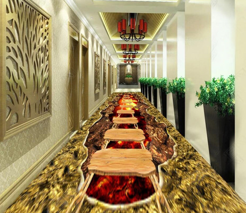 3D Flame Wooden Bridge 064 Floor Mural Self-Adhesive Sticker Bathroom Non-slip Waterproof Flooring Murals