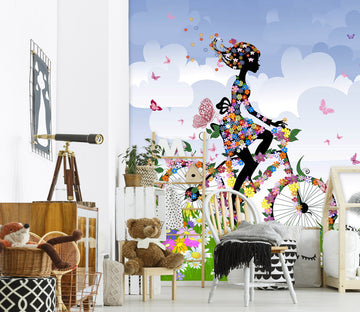 3D Flower Girl Bicycle 005 Wall Murals