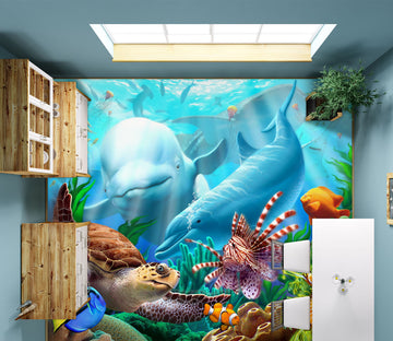 3D Ocean Dolphin Turtle Fish  96222 Jerry LoFaro Floor Mural  Wallpaper Murals Self-Adhesive Removable Print Epoxy