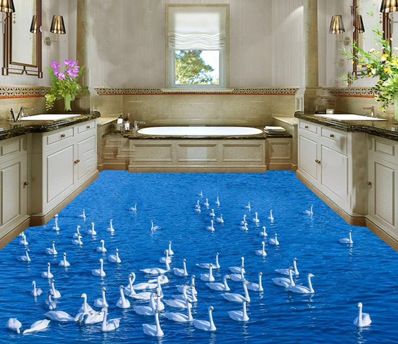 3D Elegant White Swan 048 Floor Mural Self-Adhesive Sticker Bathroom Non-slip Waterproof Flooring Murals