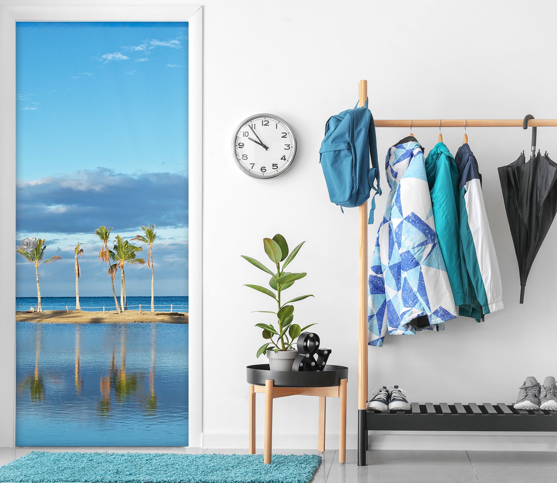 3D Coconut Tree Sea Blue 11120 Kathy Barefield Door Mural