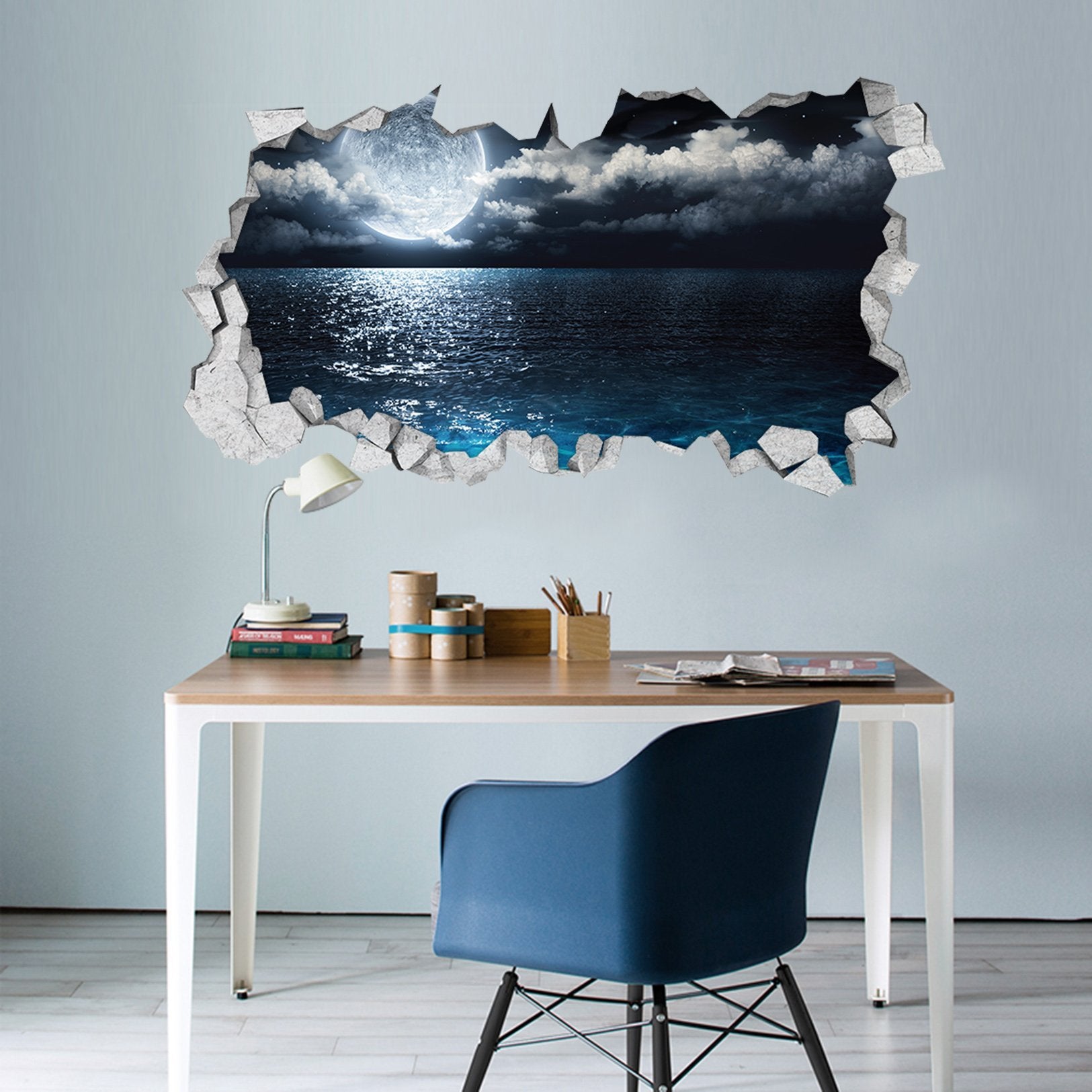 3D Sea Bright Full Moon 318 Broken Wall Murals Wallpaper AJ Wallpaper