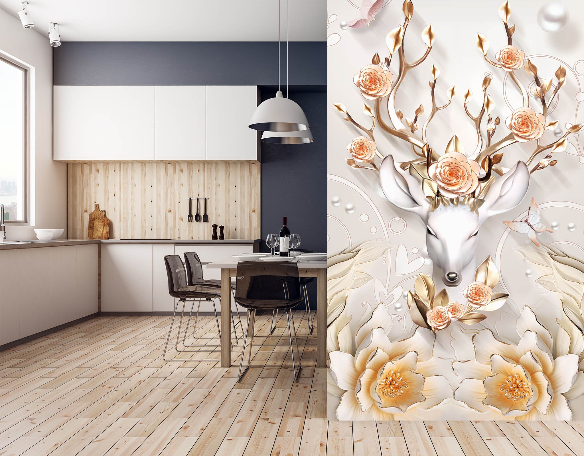 3D Fawn Flowers 1844 Wall Murals