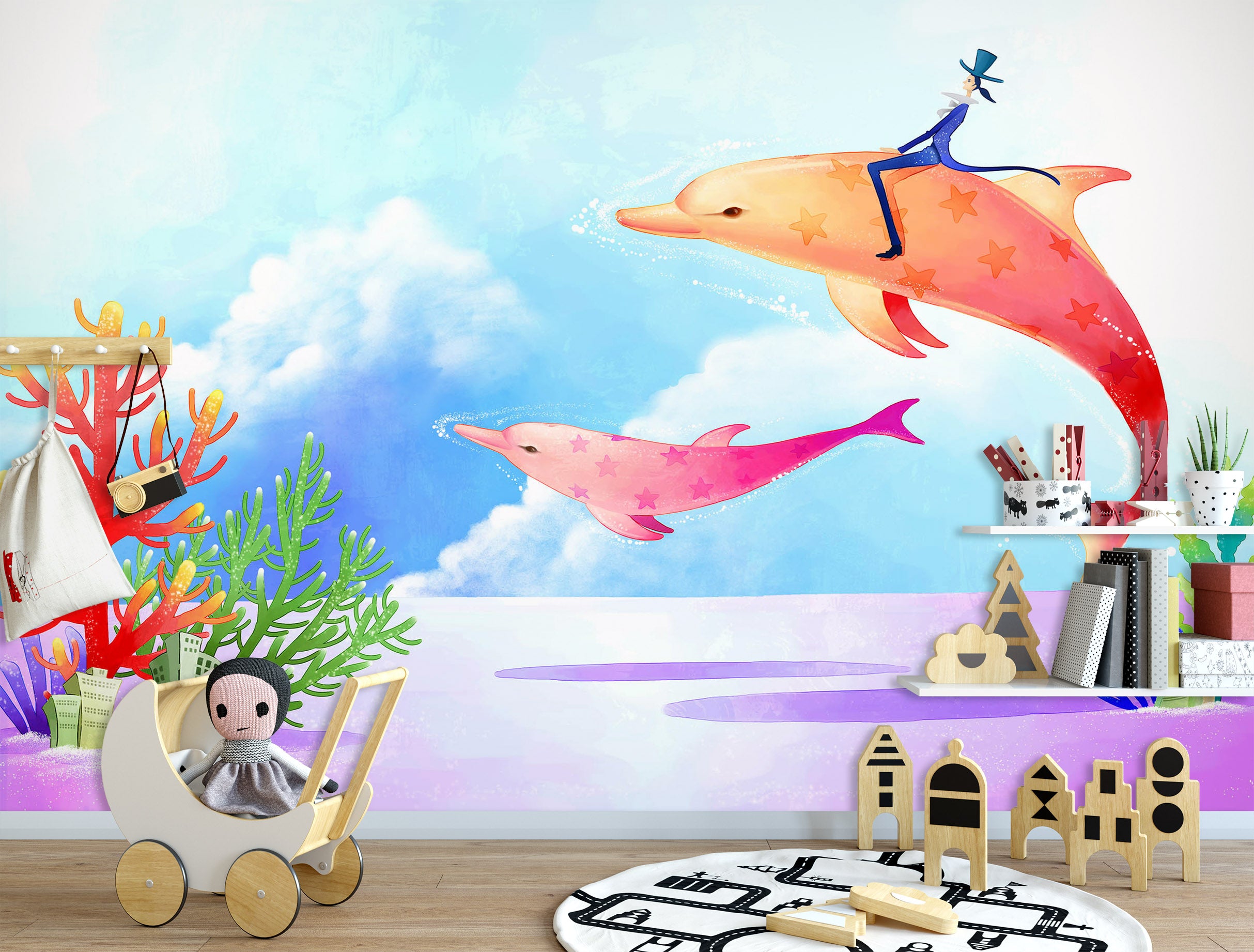 3D Orange Dolphin 1726 Wall Murals