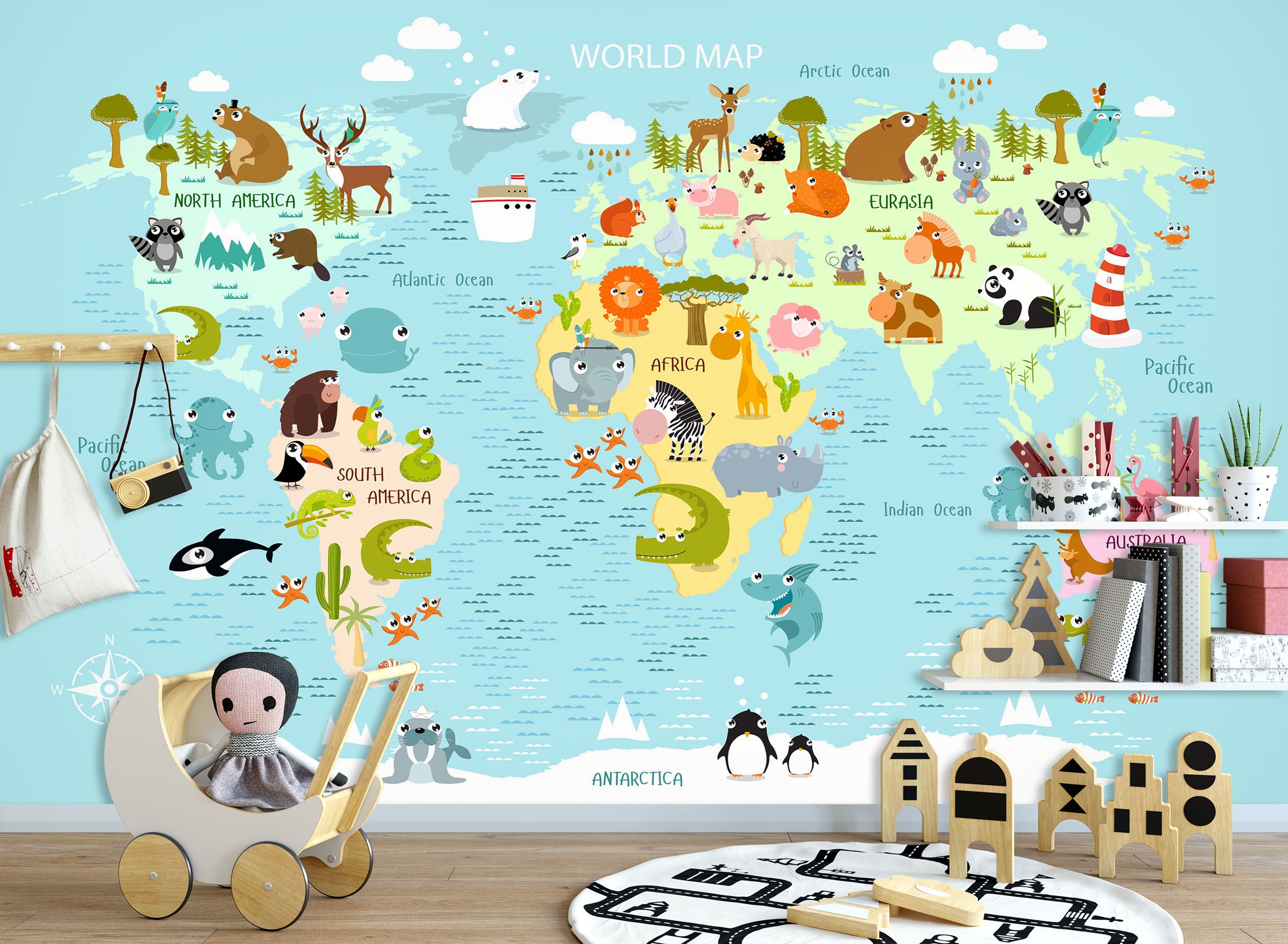 3D Animal Friend 2145 World Map Wall Murals