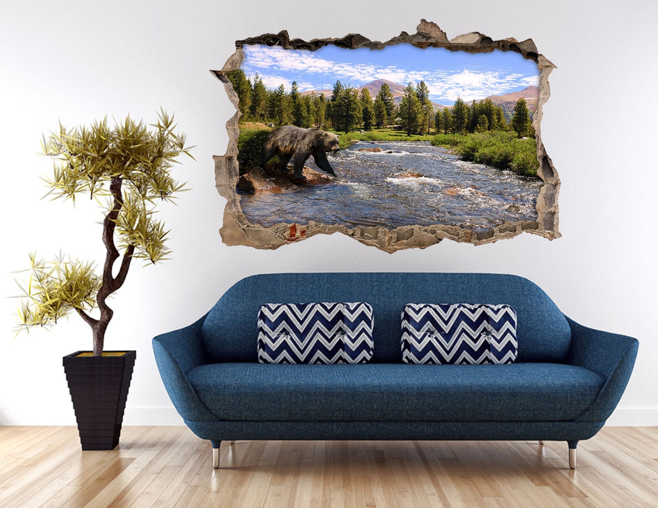 3D Crossing River Bear 301 Broken Wall Murals Wallpaper AJ Wallpaper