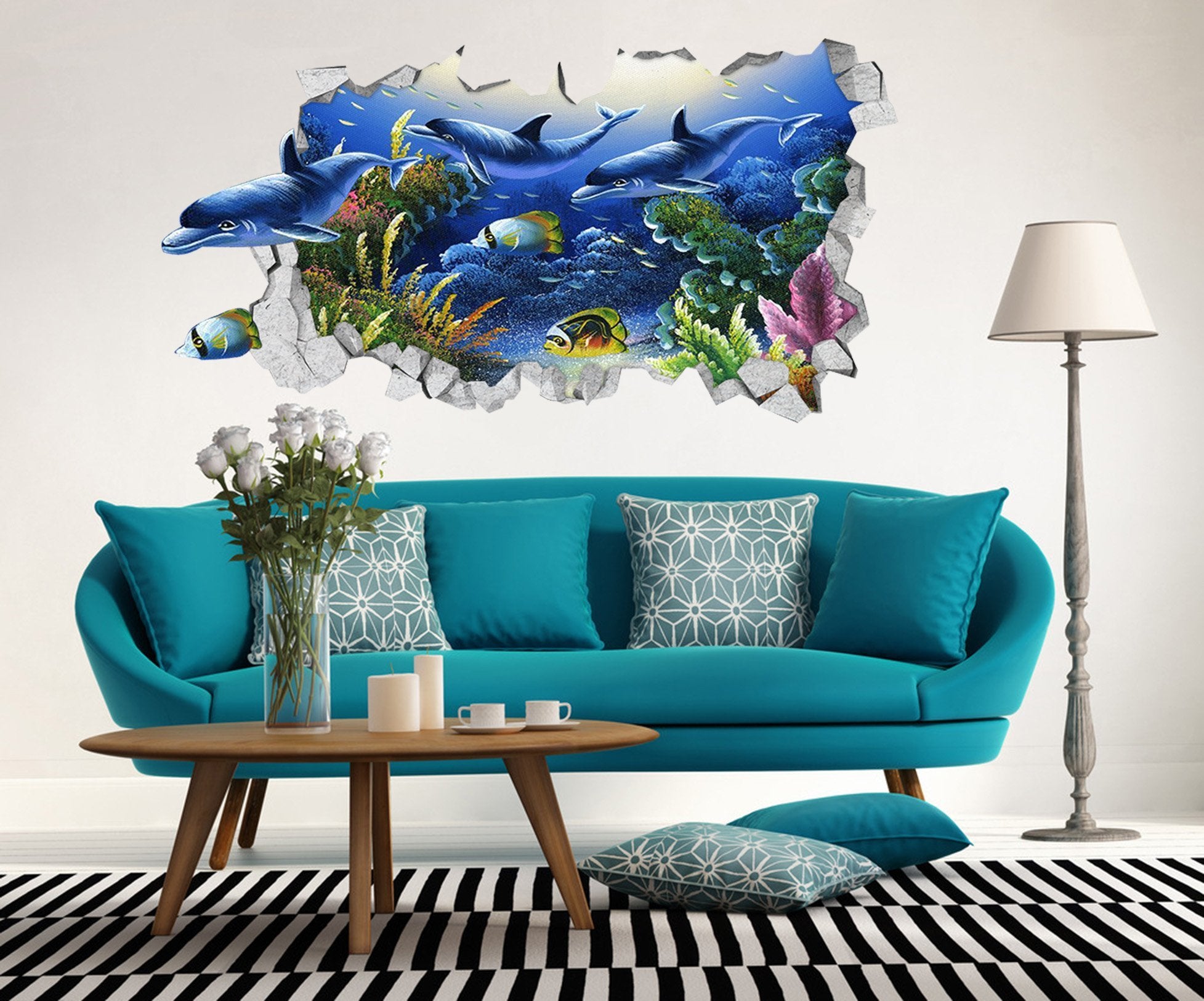 3D Ocean Dolphins 373 Broken Wall Murals Wallpaper AJ Wallpaper