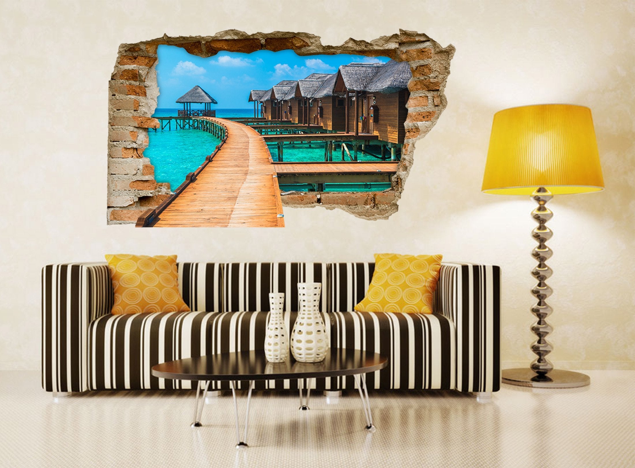 3D Sea Pavilions Bridge 351 Broken Wall Murals Wallpaper AJ Wallpaper