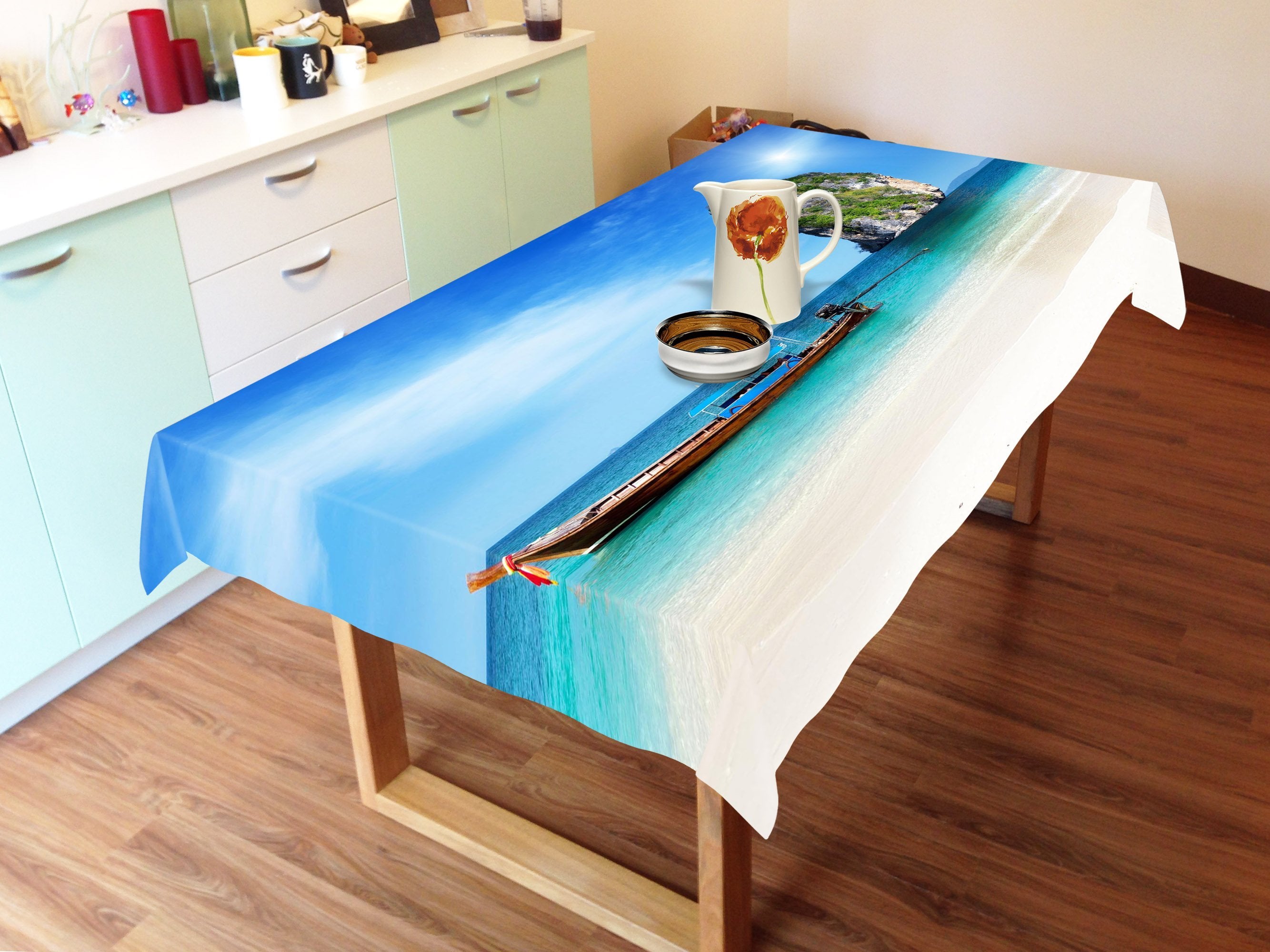3D Sea Mountain Boat 829 Tablecloths Wallpaper AJ Wallpaper