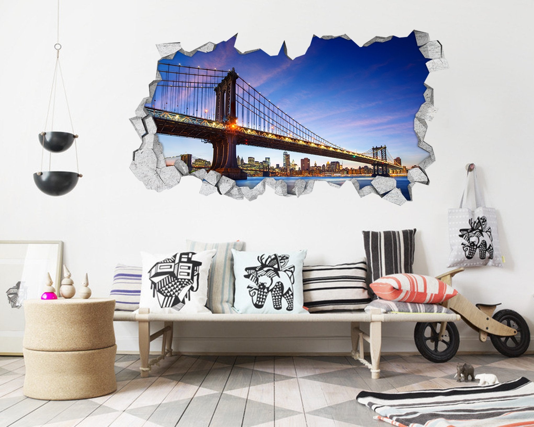 3D New York Manhattan Bridge 387 Broken Wall Murals Wallpaper AJ Wallpaper