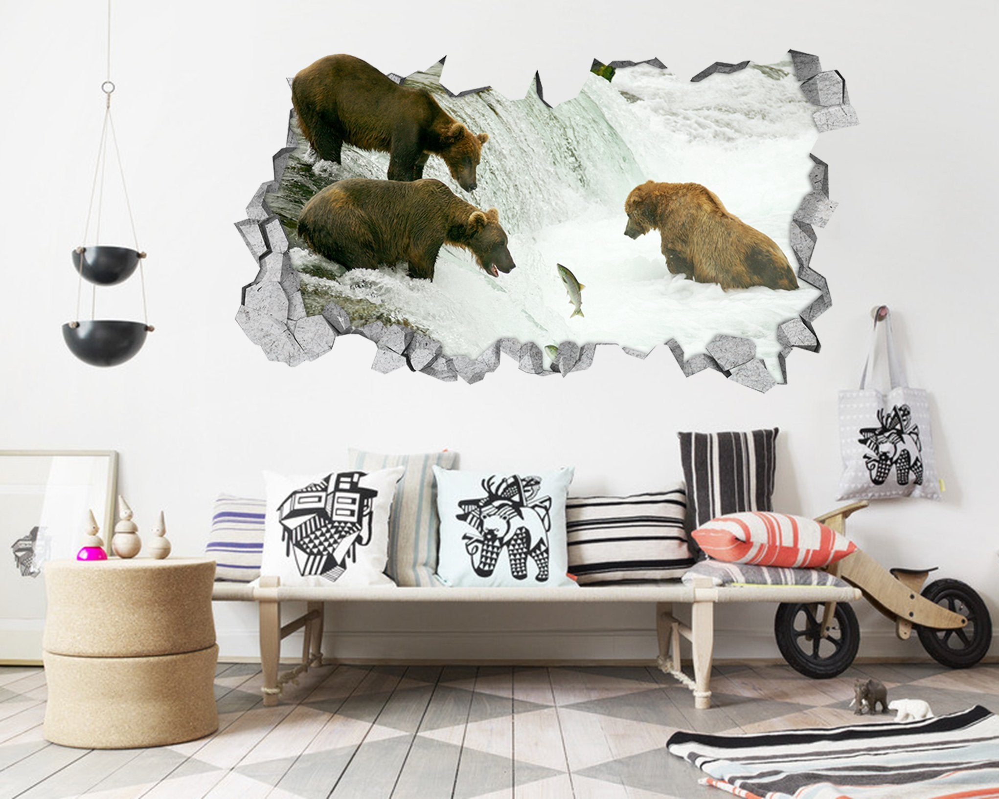 3D River Bear Fish 035 Broken Wall Murals Wallpaper AJ Wallpaper