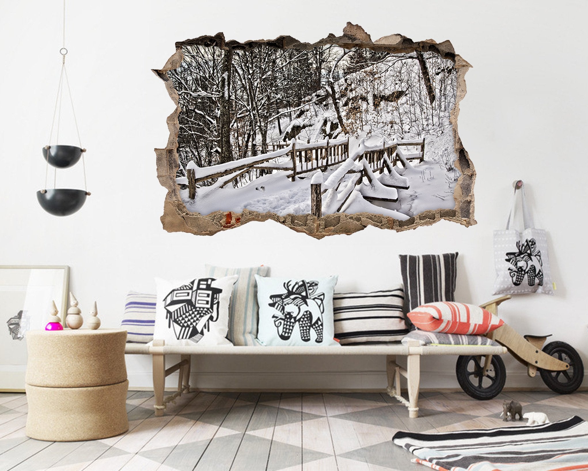 3D Snow Covered Forest Bridge 075 Broken Wall Murals Wallpaper AJ Wallpaper