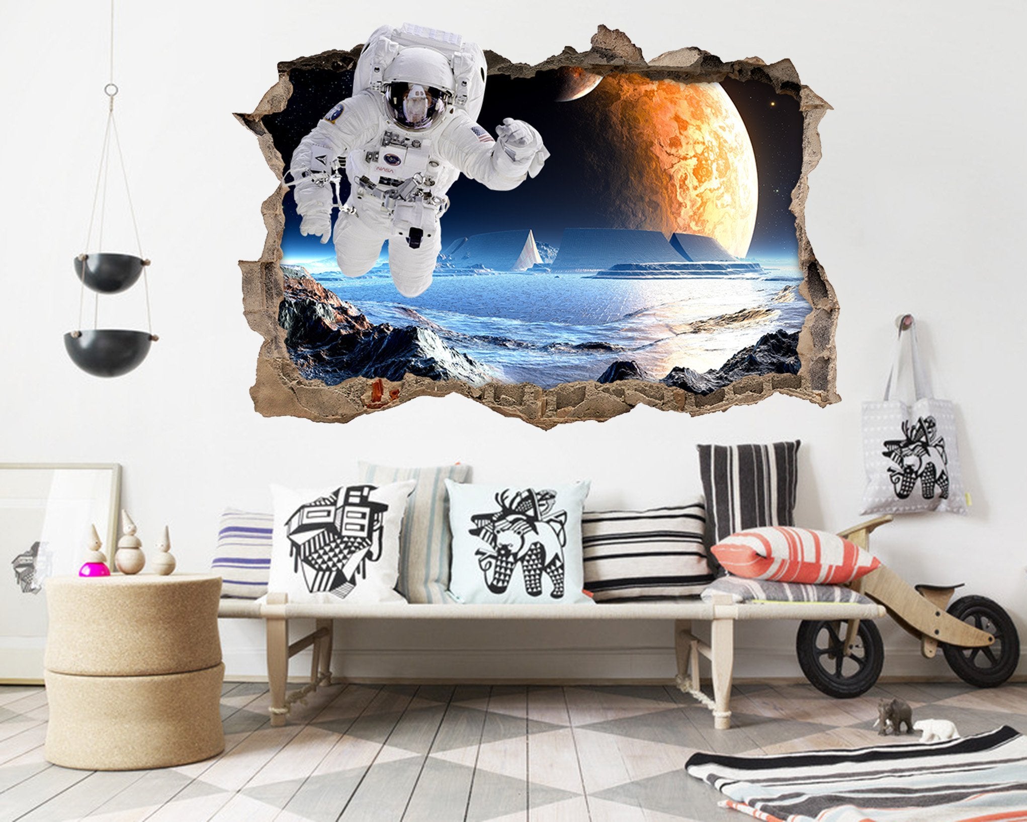 3D Space Astronaut 7 Broken Wall Murals Wallpaper AJ Wallpaper