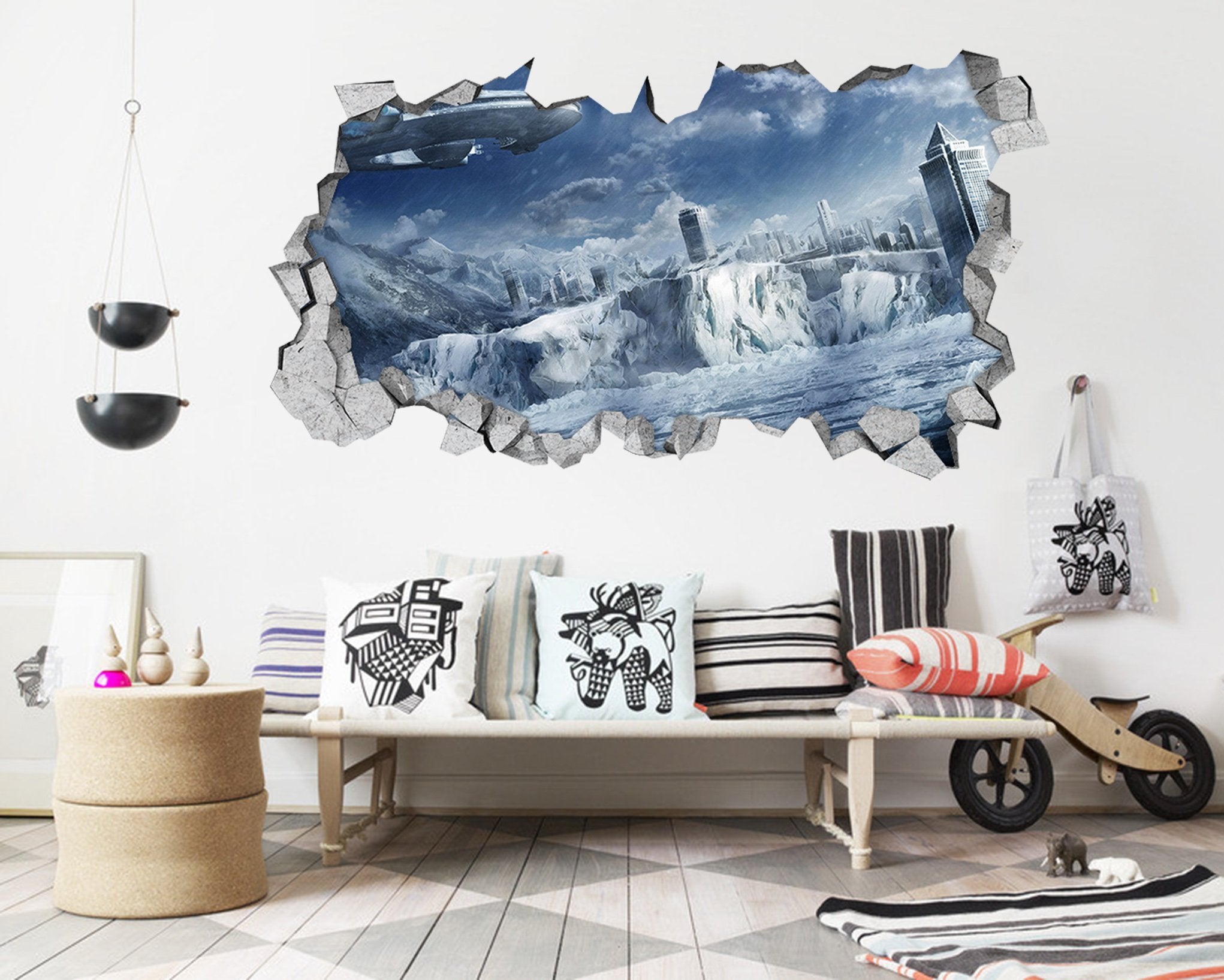 3D Snowing City UFO 160 Broken Wall Murals Wallpaper AJ Wallpaper