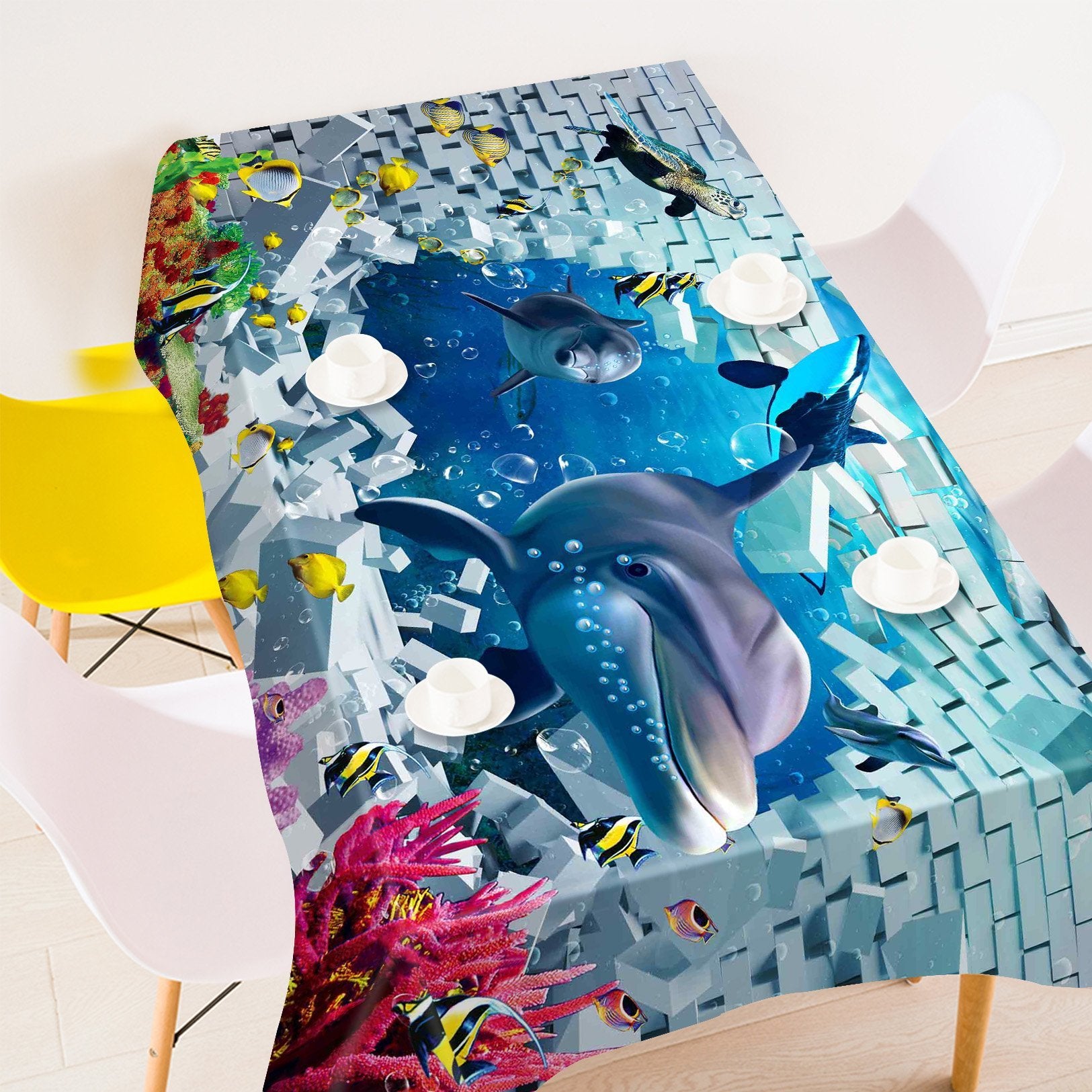 3D Ocean Bricks Dolphins 445 Tablecloths Wallpaper AJ Wallpaper