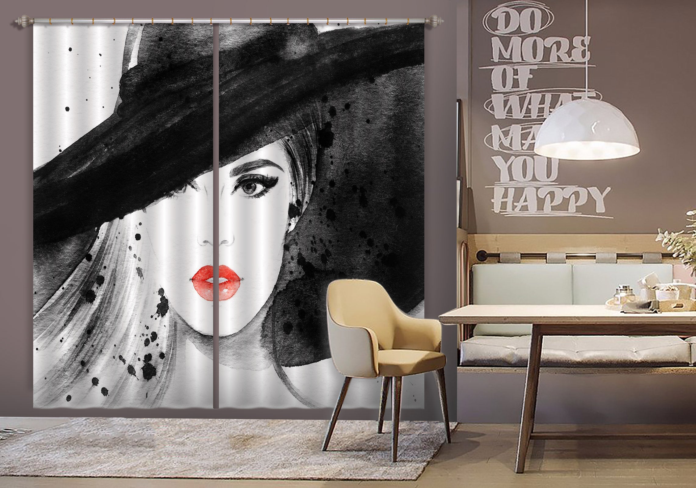 3D Big Hat Woman 054 Curtains Drapes