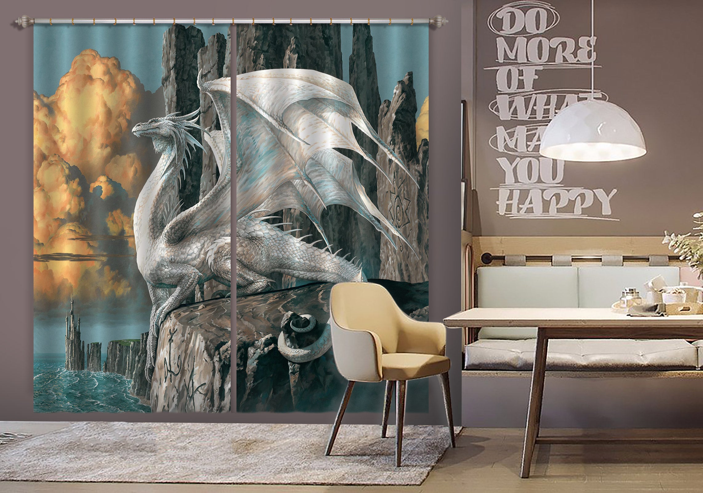 3D White Big Dragon 7201 Ciruelo Curtain Curtains Drapes