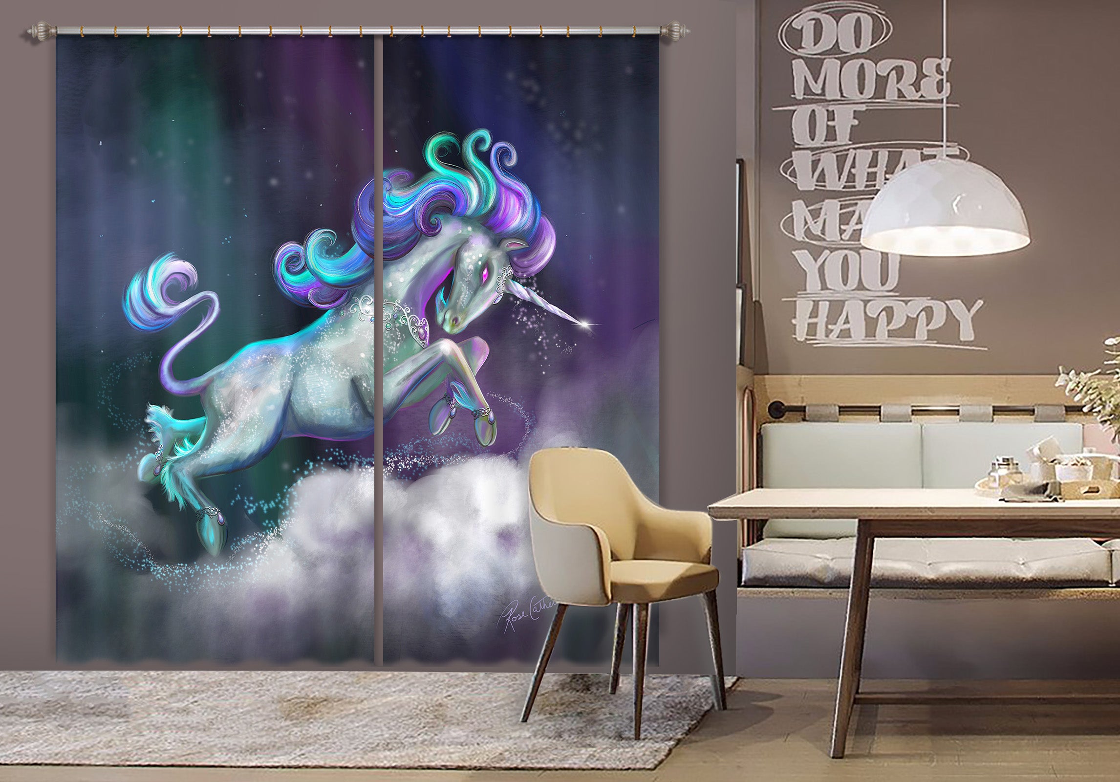 3D White Unicorn 114 Rose Catherine Khan Curtain Curtains Drapes