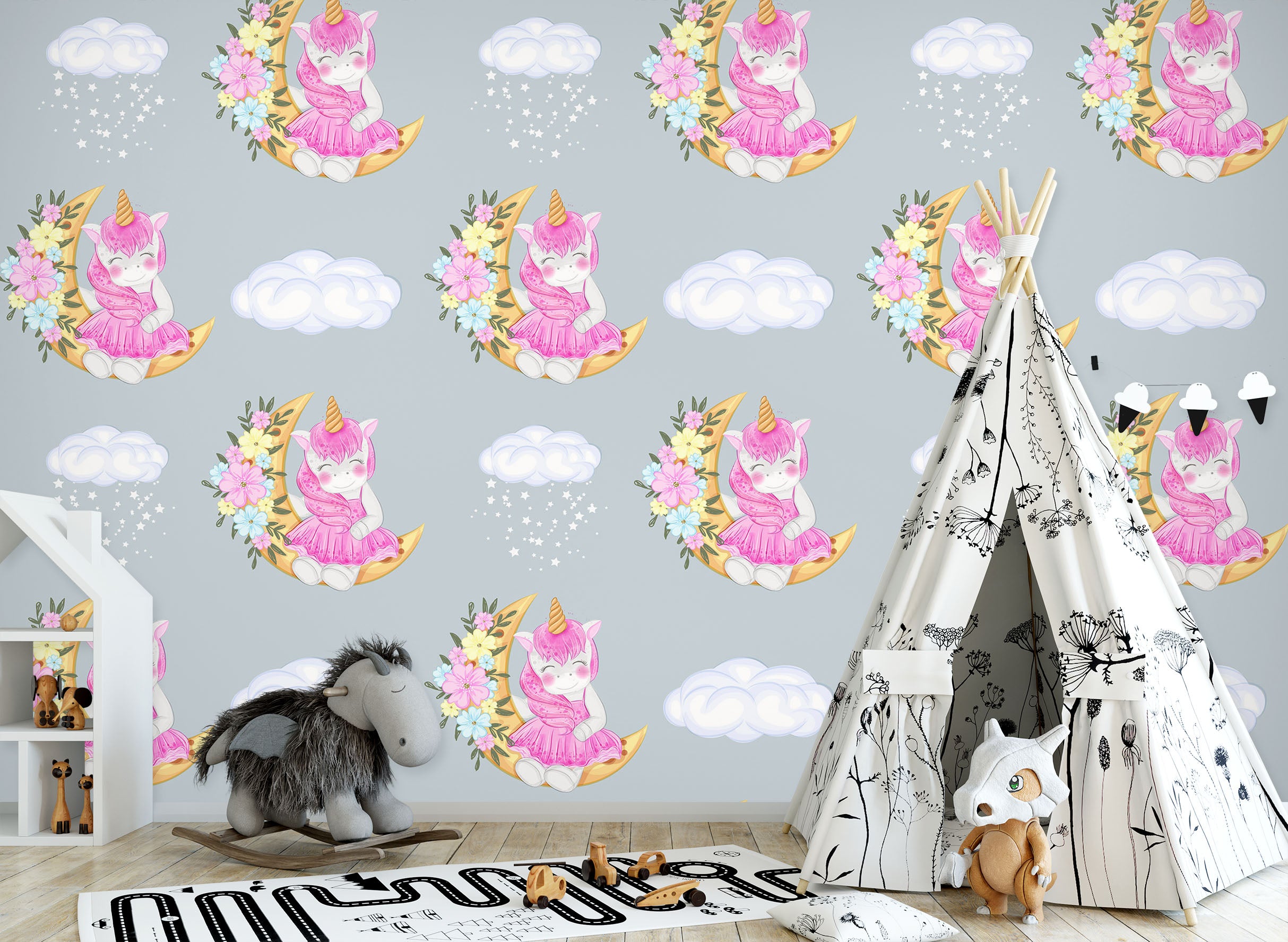 3D Moon Pink Unicorn 57085 Wall Murals