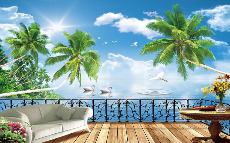 3D Cloud Coconut Tree Railing Wallpaper AJ Wallpaper 1