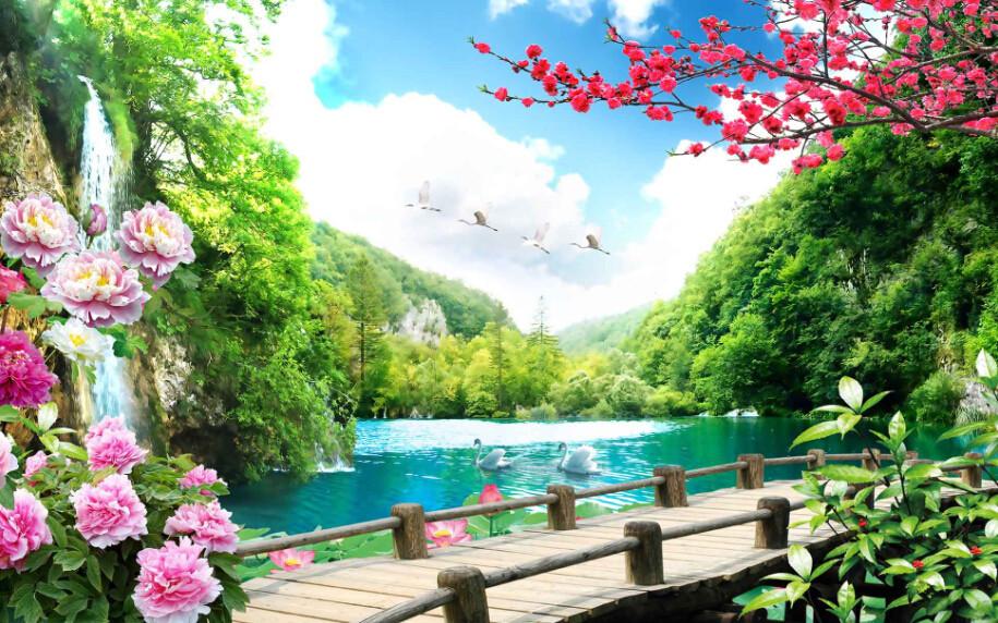 3D Mountain Forest Falls Pink Flowers Wallpaper AJ Wallpaper 1