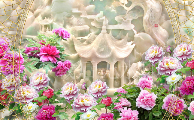 3D Bright Flowers And Jade Castle Wallpaper AJ Wallpaper 1