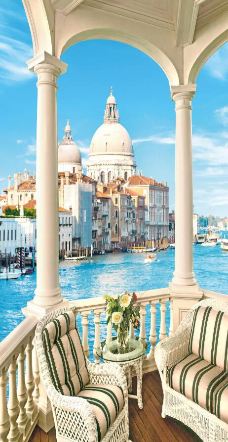 3D Balcony Blue River Town Wallpaper AJ Wallpaper 1