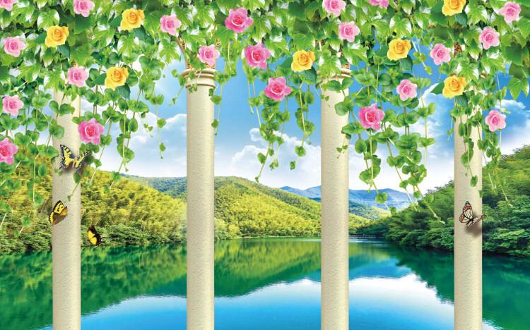 3D Green Lake And Flowers Wallpaper AJ Wallpaper 1