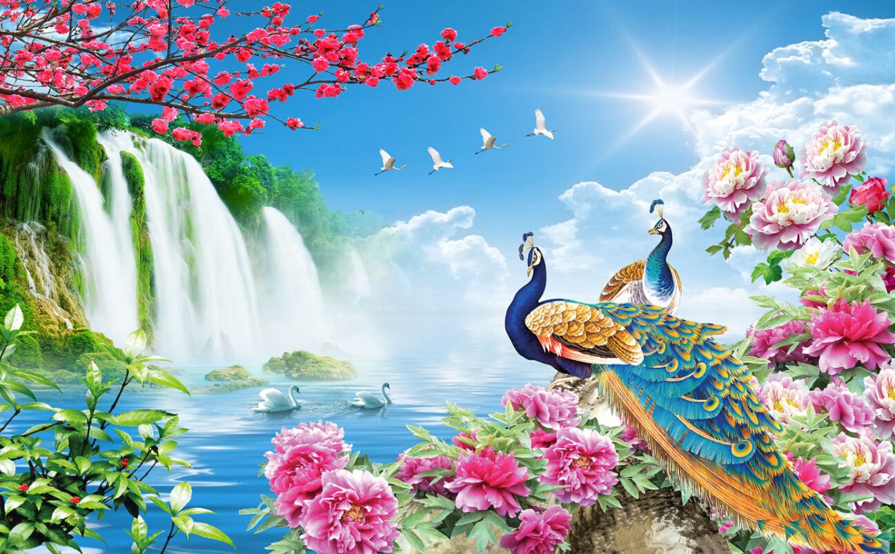 3D Beautiful Peacock And Waterfall Wallpaper AJ Wallpaper 1