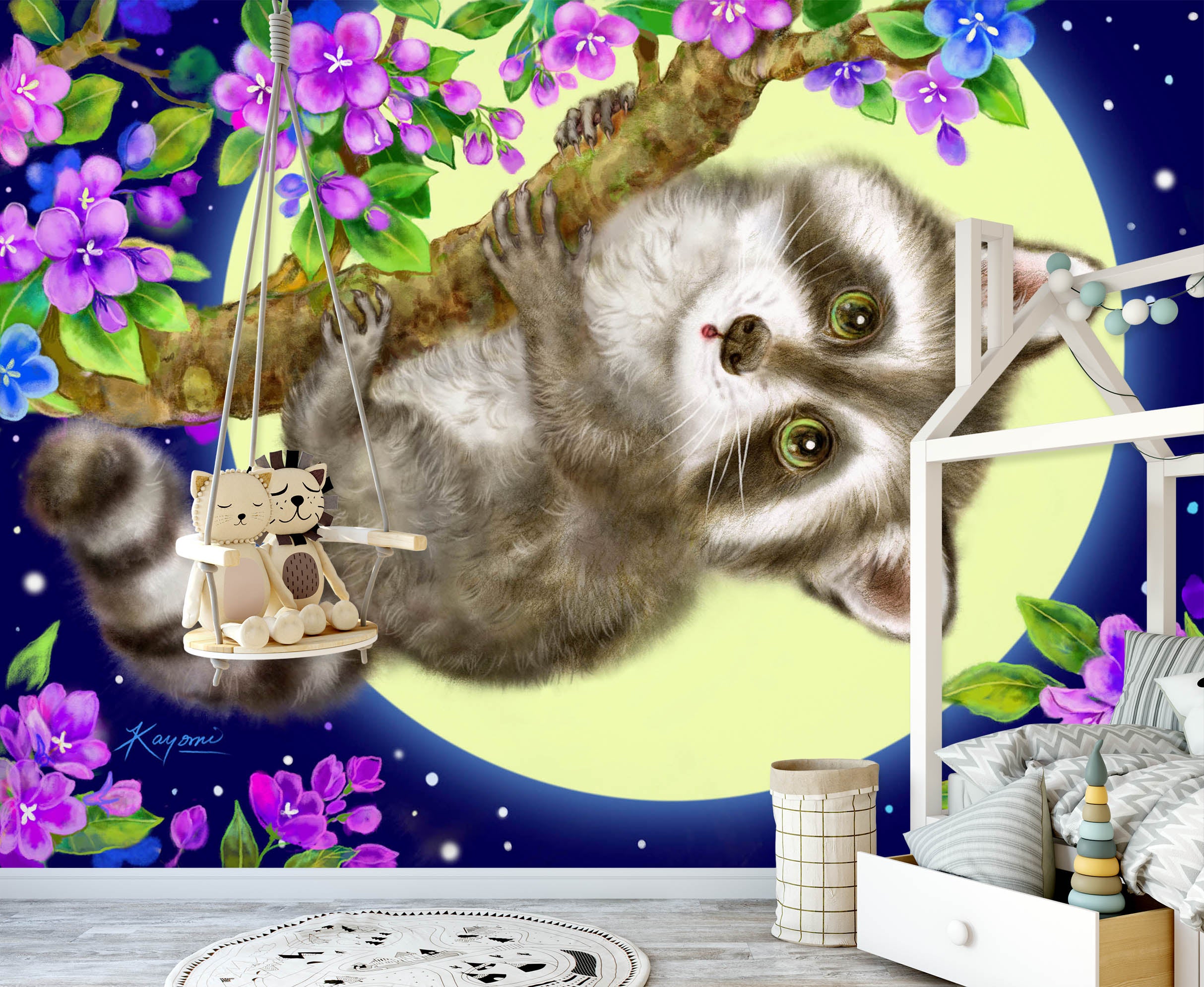 3D Flower Moon Tanuki 5540 Kayomi Harai Wall Mural Wall Murals