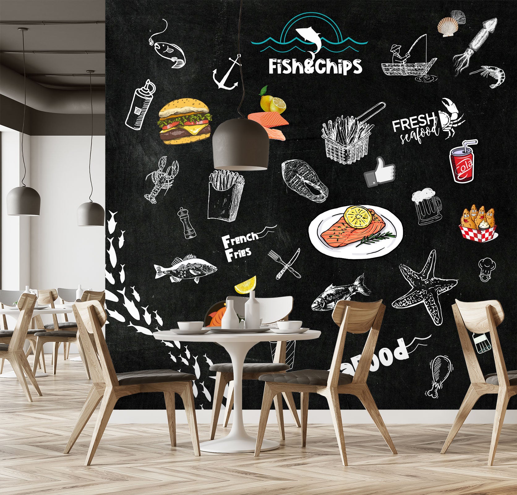 3D stylish blackboard fish chips 01 Wall Murals Wallpaper AJ Wallpaper 2
