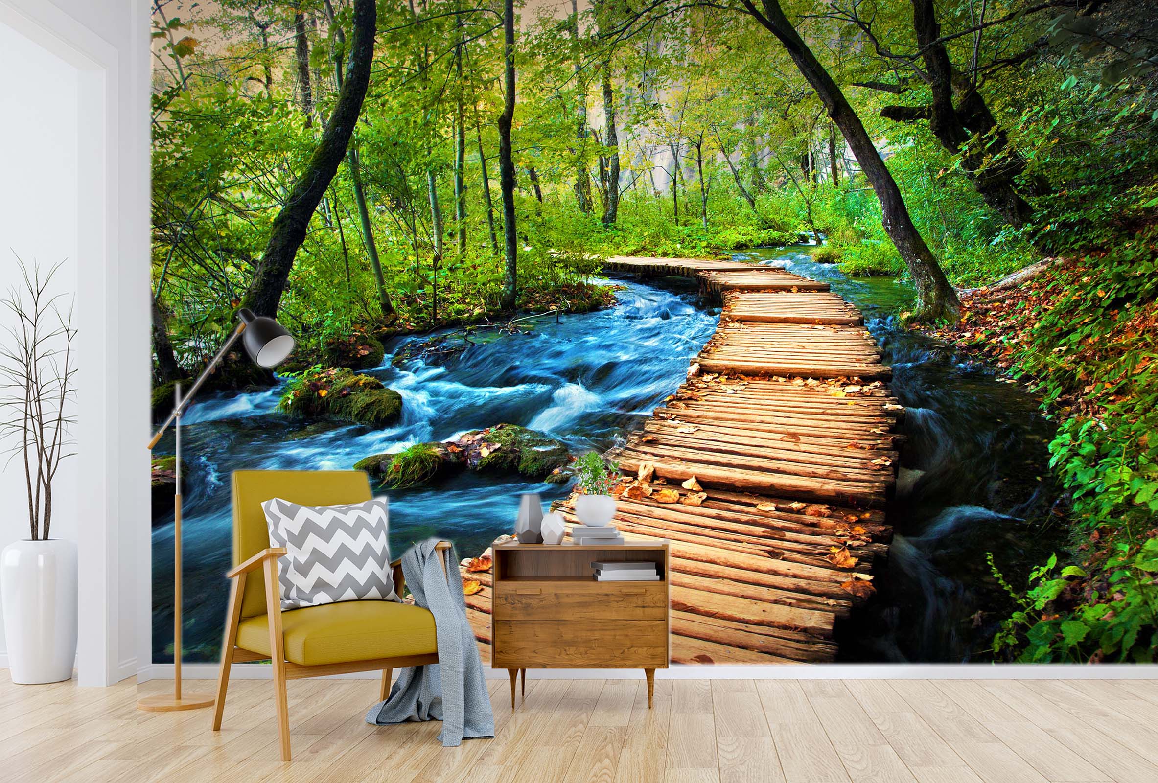 3D Waterfall Wooden Bridge 13 Wall Murals Wallpaper AJ Wallpaper 2