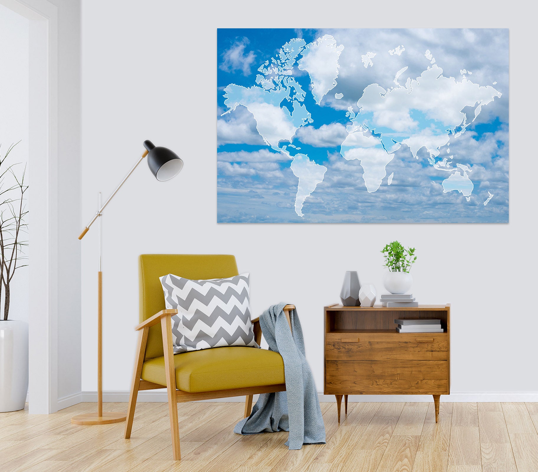 3D White Clouds 270 World Map Wall Sticker