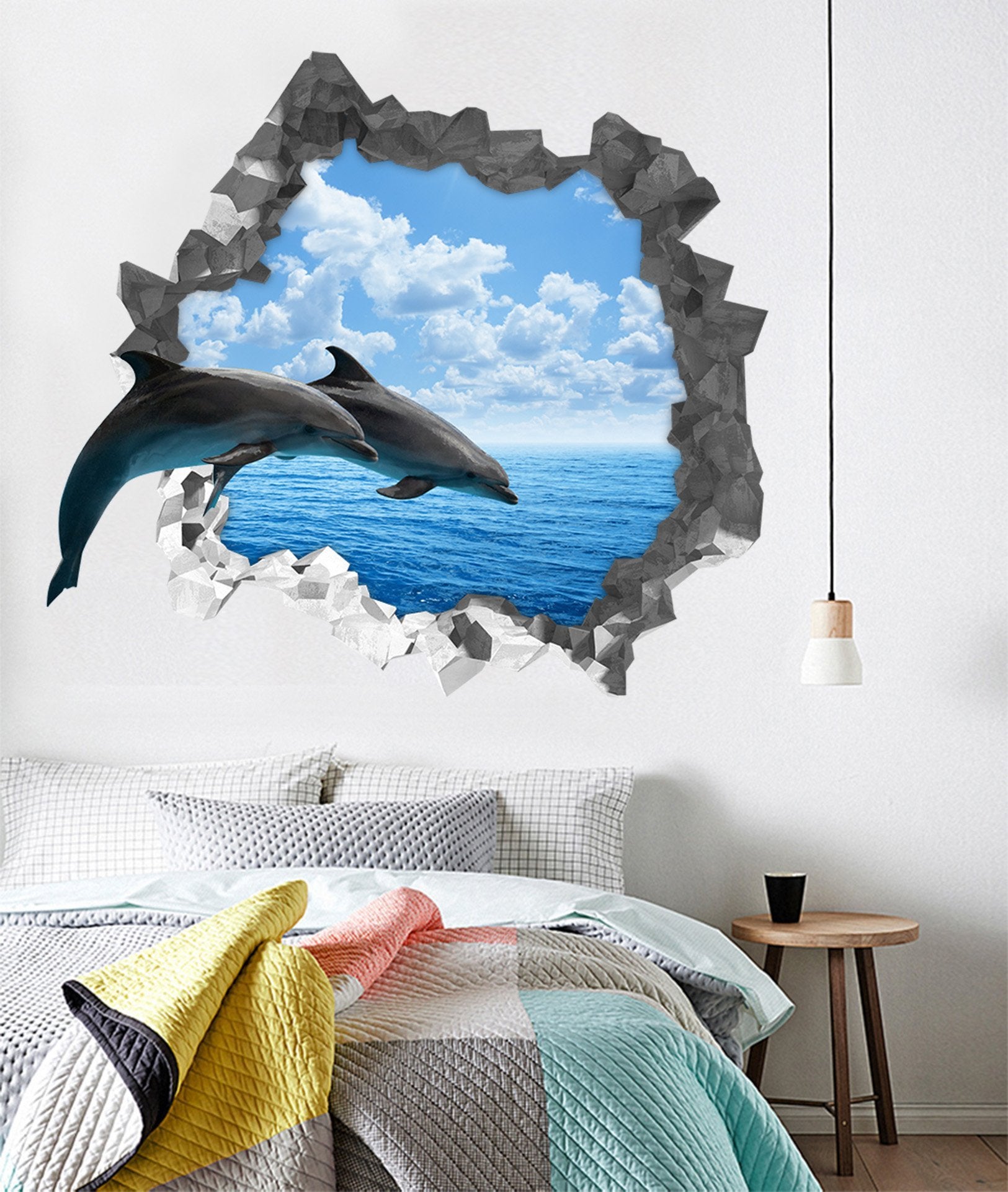 3D Blue Sea Dolphins 180 Broken Wall Murals Wallpaper AJ Wallpaper