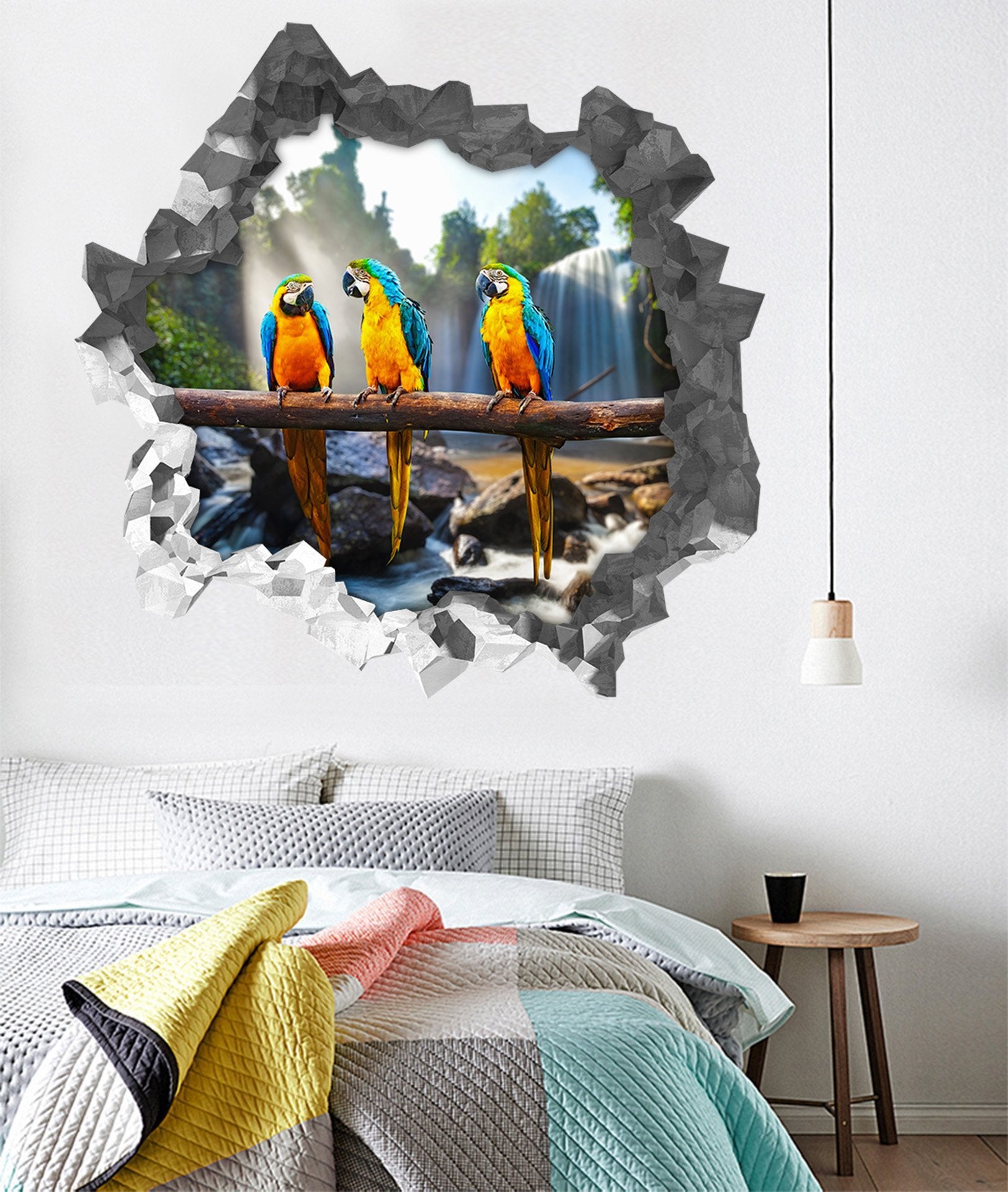 3D Waterfall Parrots 186 Broken Wall Murals Wallpaper AJ Wallpaper