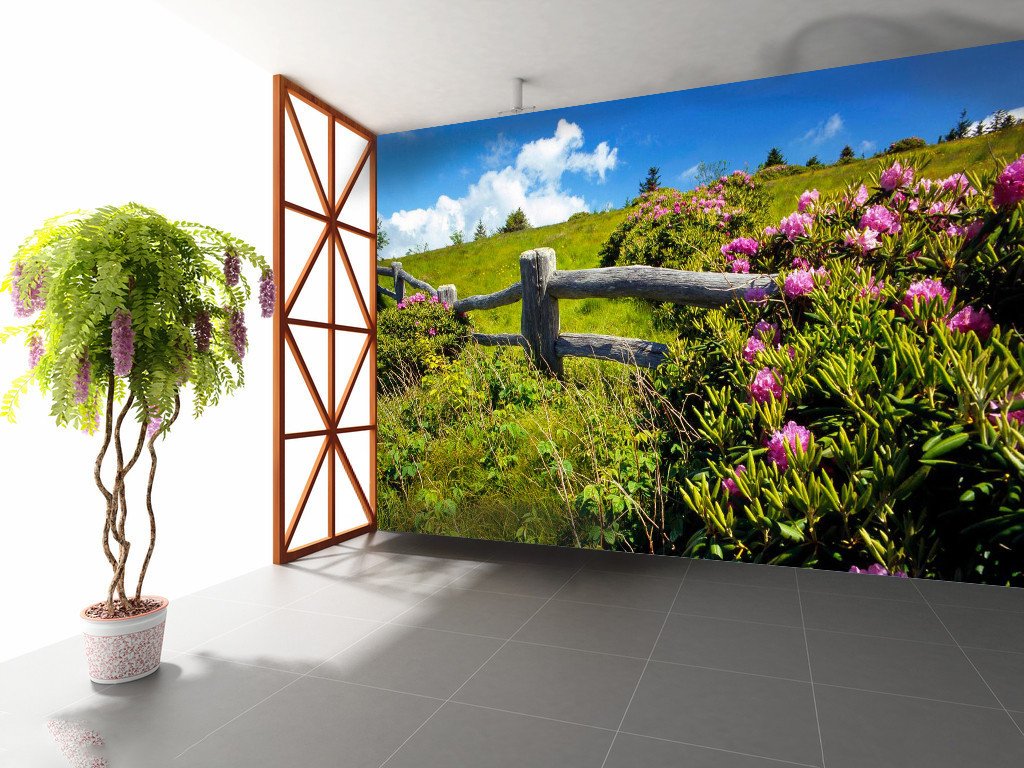 Wood Fence And Flower-filled Meadows 5 Wallpaper AJ Wallpaper 1